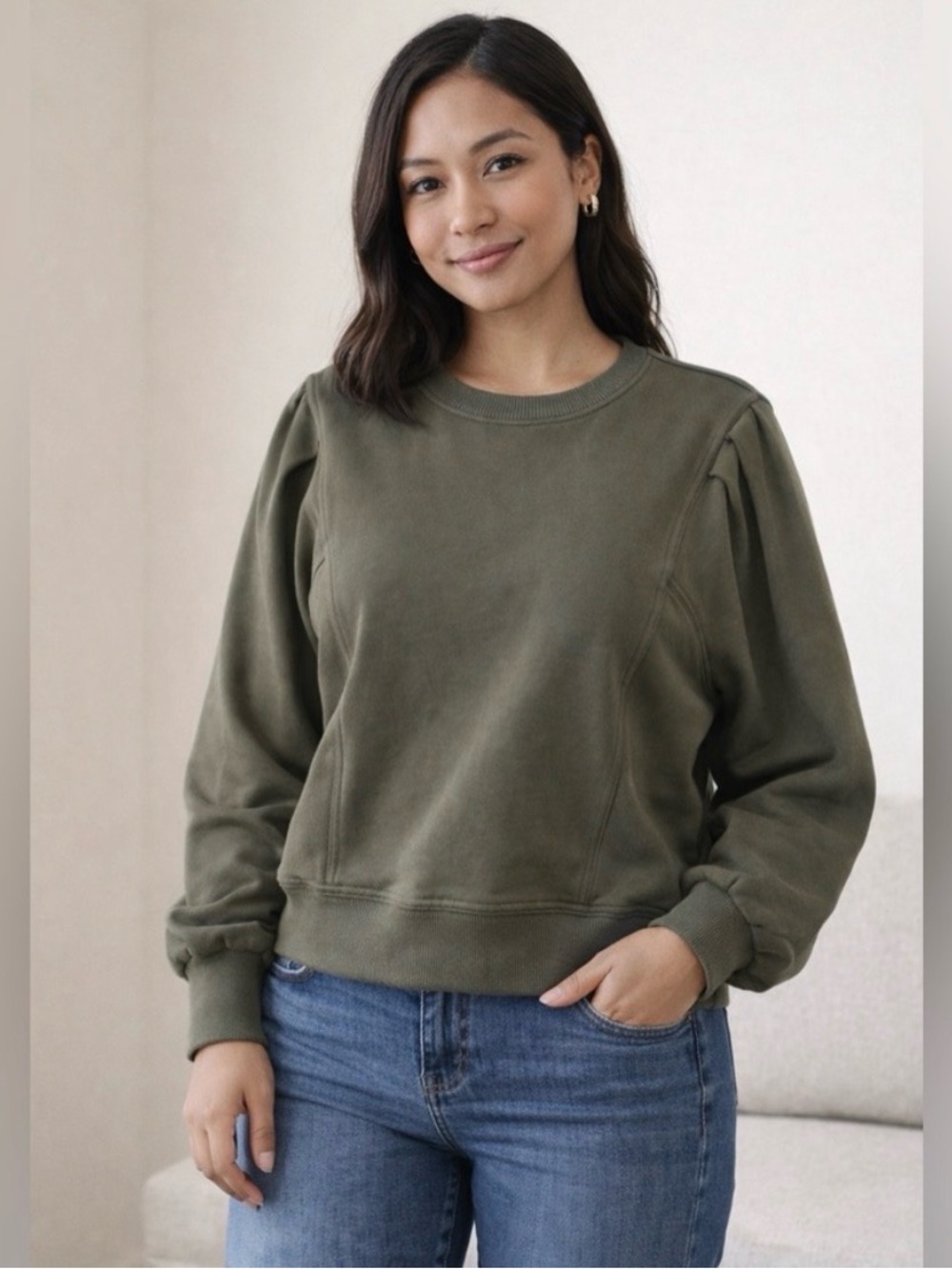 Olive Green Puff-Sleeve Crewneck Sweatshirt
